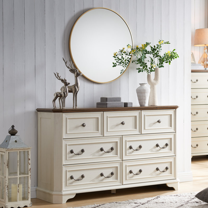 Armaan Vintage Farmhouse 7 Drawers Dresser Wood Rustic Chest of Drawers Lark Manor Color Antique White